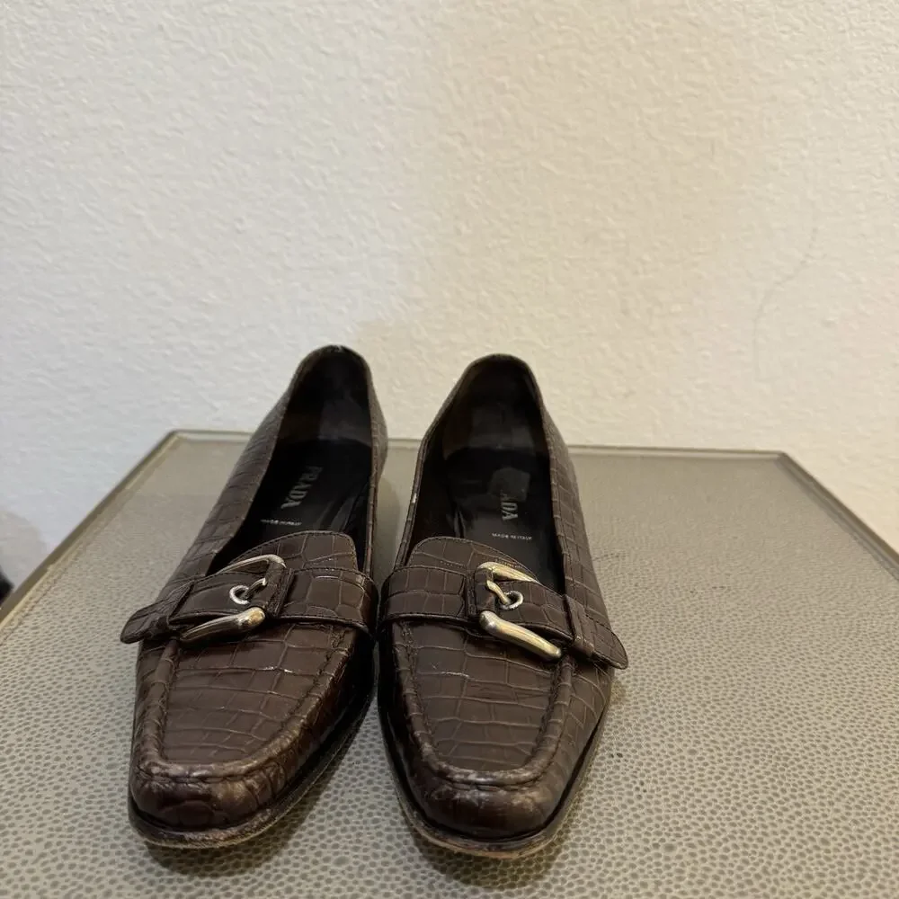 Prada 90s Y2K VTG Brown Croc Pattern Buckle Kitten Heels Pumps Shoes 37.5 7.5